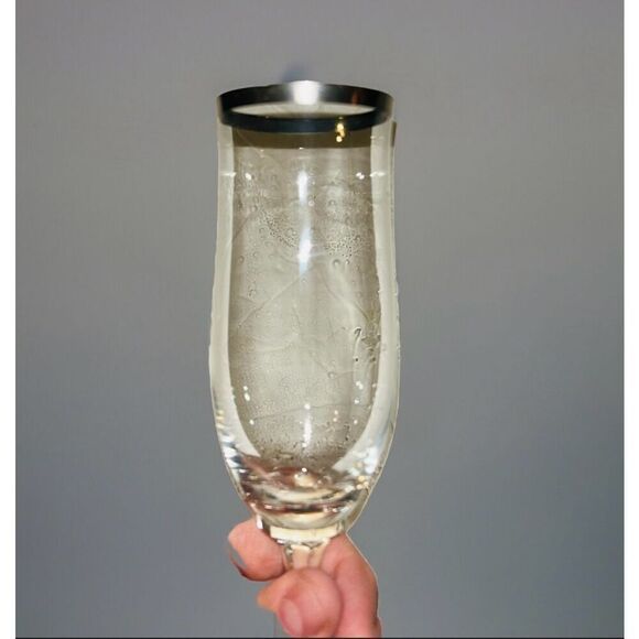 Silver Rimmed Crystal Champagne Flutes Set Of 2 - Picture 3 of 5